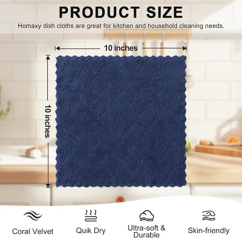 Homaxy Kitchen Dish Cloths - Super Soft & Absorbent Coral Velvet | 12 Pack, 10 x 10 Inches, Navy Blue