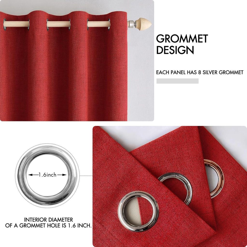 MIULEE 100% Blackout Linen Curtains - Thermal Insulated Red Grommet Drapes for Bedroom | 52 x 96 Inch (2 Panels)