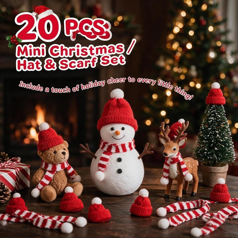 Mini Christmas Knit Hat and Scarf 20-Piece Set for Dolls, Plants & Decor