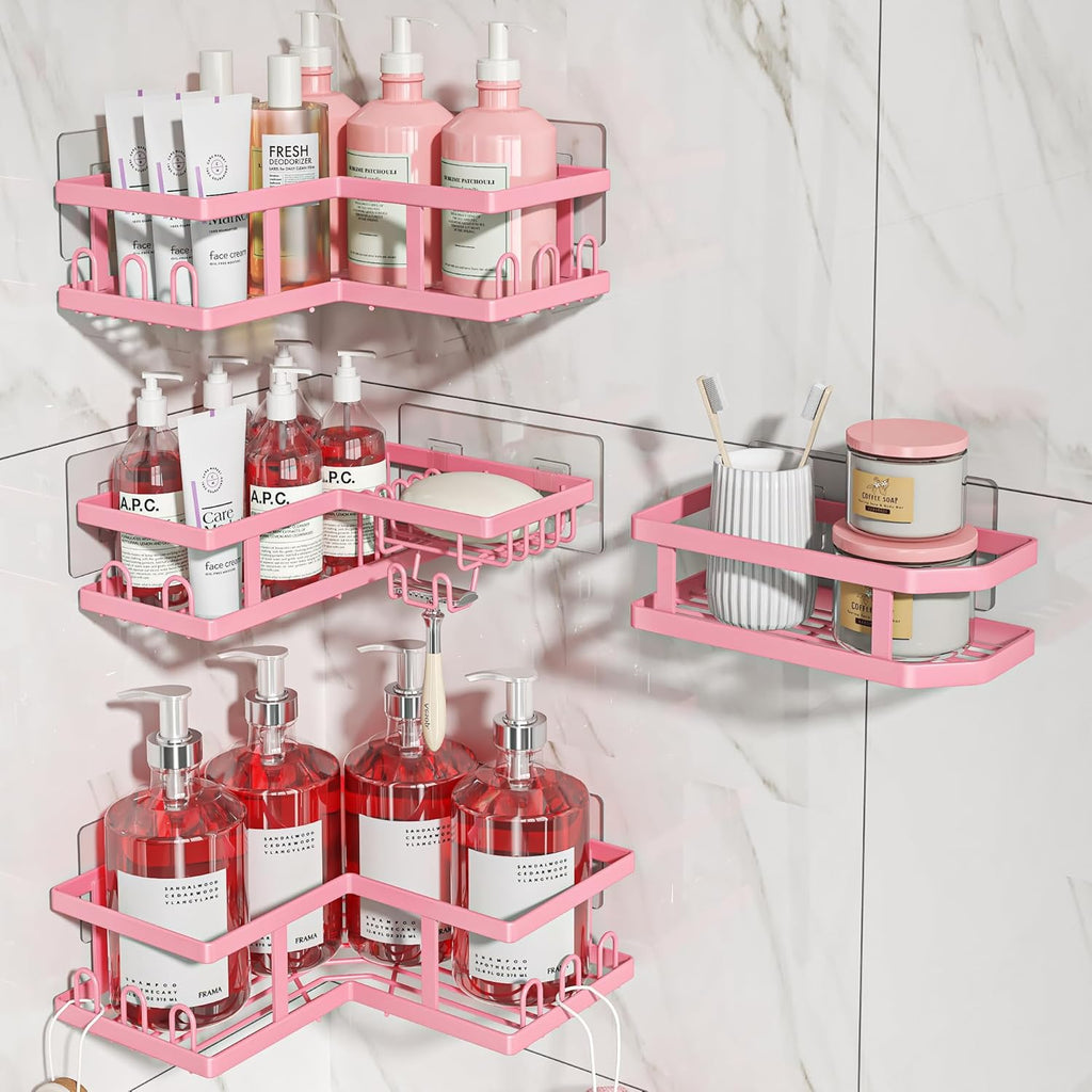 Youvip 4-Pack Adhesive Corner Shower Caddy - Rustproof Wall-Mounted Organizer for Bathroom & Kitchen | Pink
