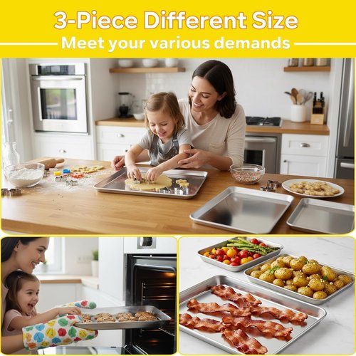 E-far Stainless Steel Baking Cookie Sheet Pan Set - 3 Sizes (16"/12.4"/10.4") | Non-Toxic & Dishwasher Safe