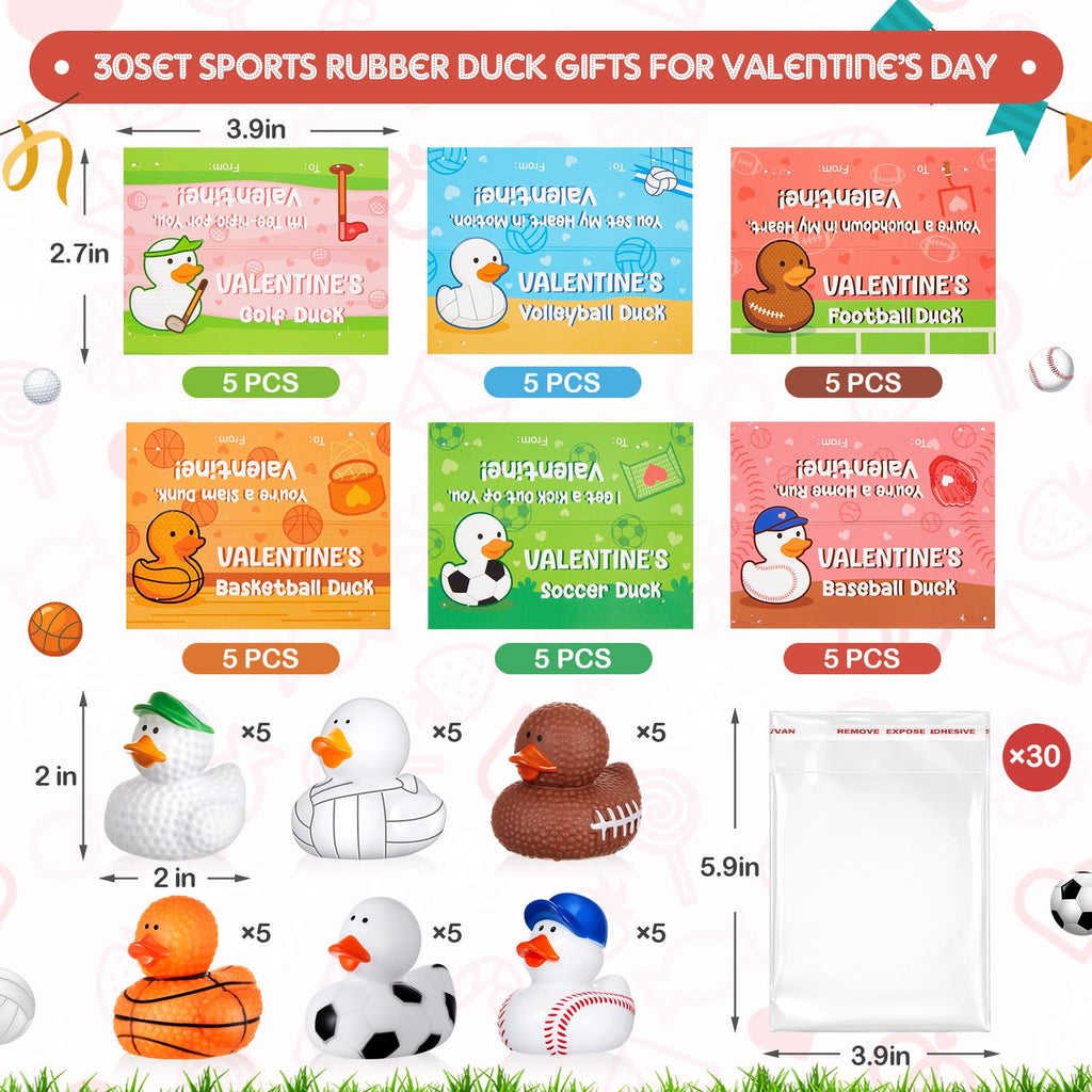 Deekin 30 Packs Valentines Gifts for Kids 2 Inches Sports Valentines Rubber Ducks Valentine's Day Exchange Gifts for Boys Girls School Classroom Prizes Cruise Ships Party Favors