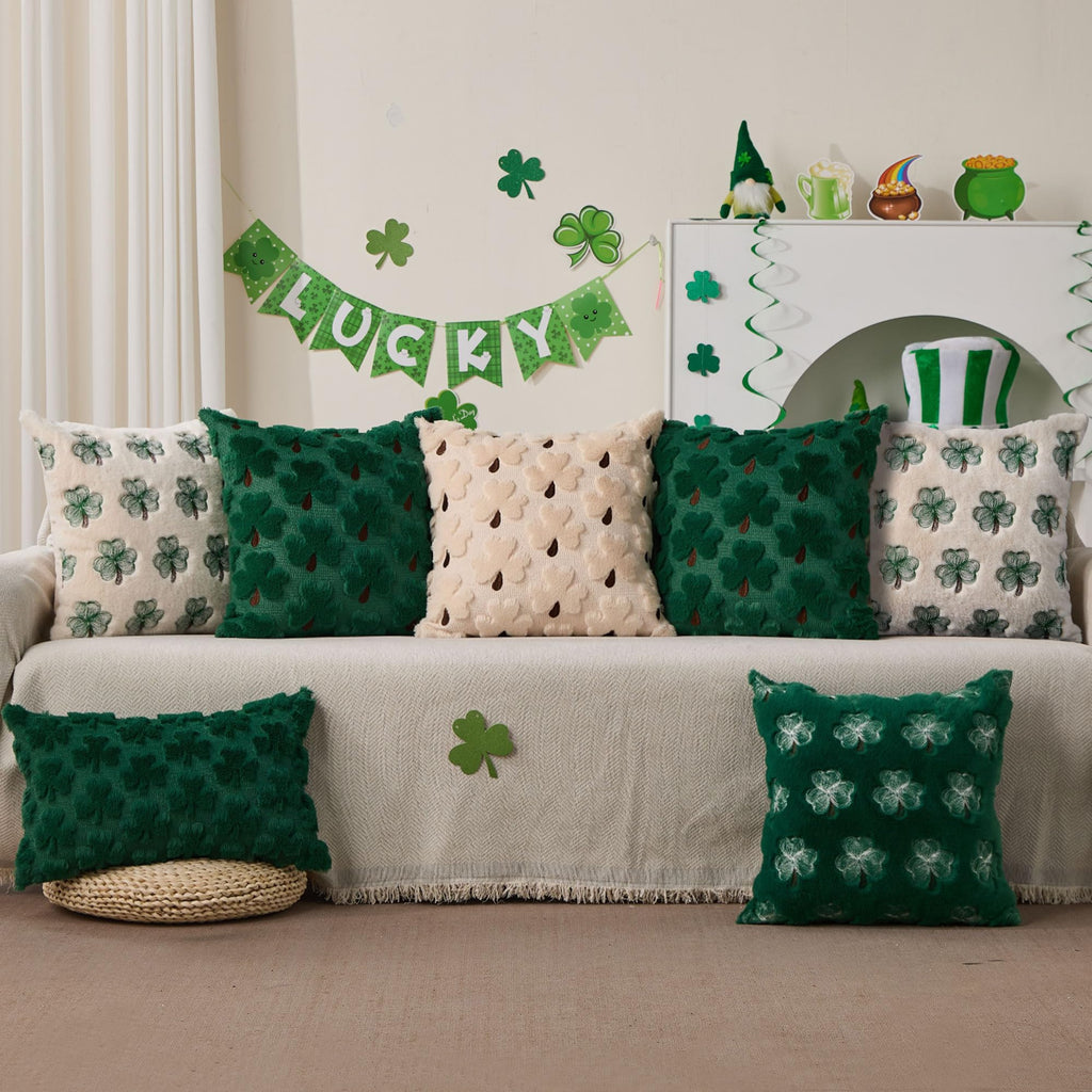 WKJZH St Patricks Day Pillow Covers 18x18 Inch Set of 2 Green Shamrock Brown Petioles Decorative Soft Plush Faux Wool Throw Pillows for Couch Sofa Bedroom Holiday Home Decor MRD03A45
