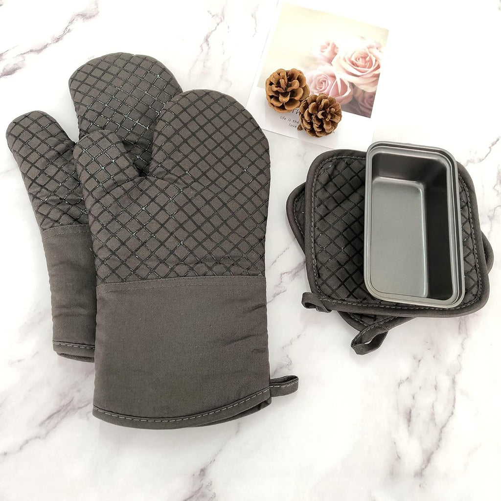 Skiennix Oven Mitts Set - 4 Pcs High Heat Resistant Kitchen Mitts & Pot Holders | Grey