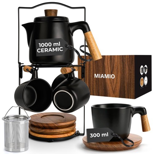 MIAMIO – 34 Oz Ceramic Tea Pot Set with Infuser and Cups/Tea Strainer, 4 Ceramic Tea Mugs (10 Oz), Bamboo Saucers/Handle for Home and Office (Black)