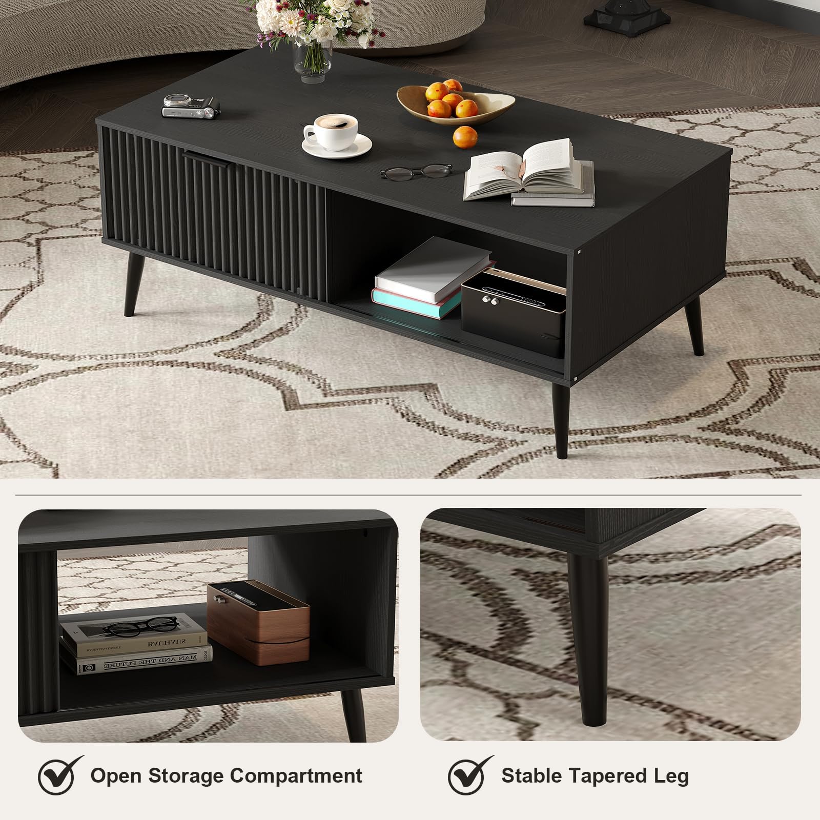 Modern Coffee Table with Storage, 2-Tier Wooden Cocktail Table, Mid Century Modern Coffee Tables with Wave-Style Sliding Doors and Solid Wood Legs, for Living Room, Office, Black