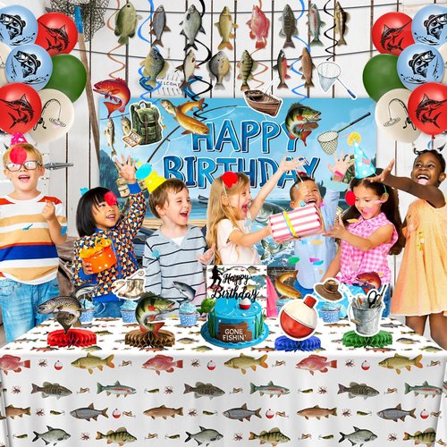 Fishing Birthday Party Decorations Includes Backdrop, Banner, Hanging Swirls, Balloons, Cake & Cupcake Toppers, Honeycomb Centerpieces for Ofishally One Birthday Decorations