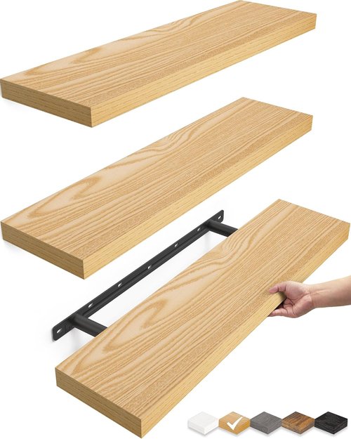 BAYKA Floating Shelves - Rustic Wall-Mounted Wood Shelves for Bathroom & Living Room | Set of 3 (Light Oak, 22.5 Inches)