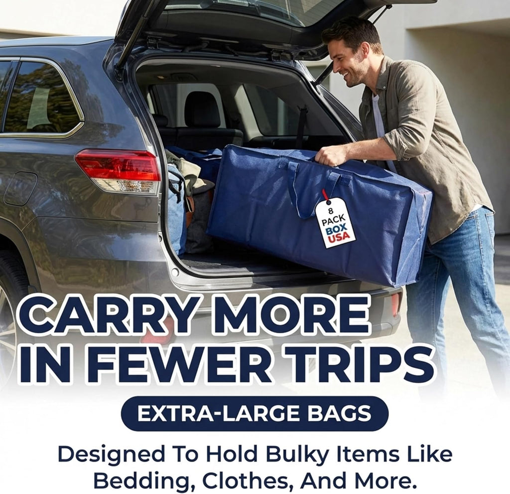BOX USA 8-Pack Moving Bags - Heavy Duty Extra Large Storage Bags with Strong Handles & Zippers | Blue