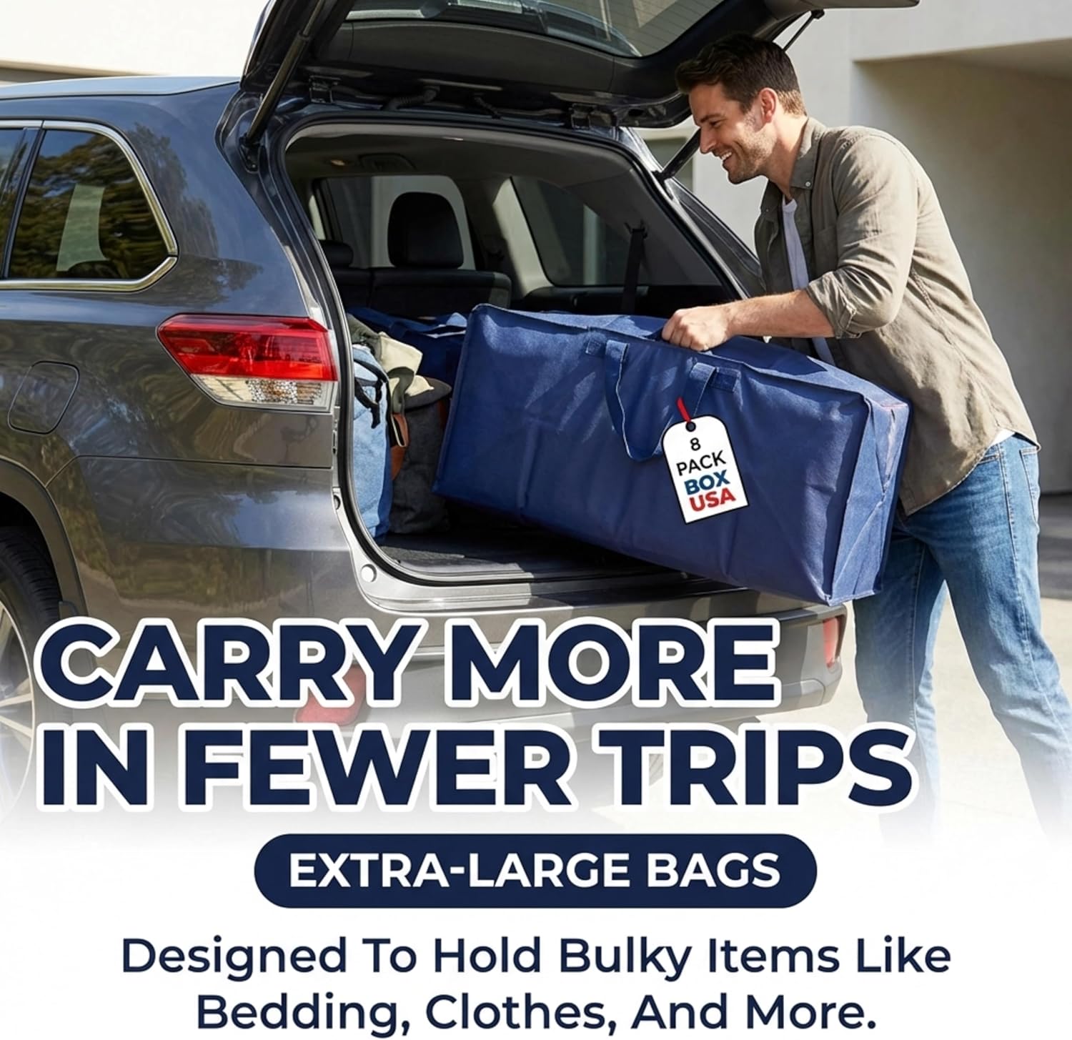 BOX USA 8-Pack Moving Bags - Heavy Duty Extra Large Storage Bags with Strong Handles & Zippers | Blue