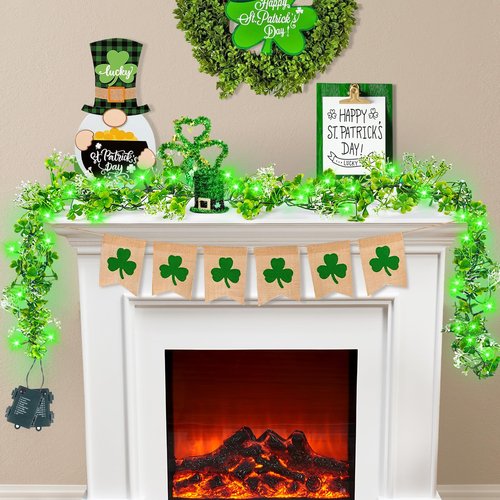 MJZ 2 Pack 9.85 FT St Patrick's Day Garland with Green LED Lights, Battery Operated Irish Shamrock Garland Fairy Lights with 8 Modes, St Patricks Day Decorations for Mantle Porch Door Stairs Table