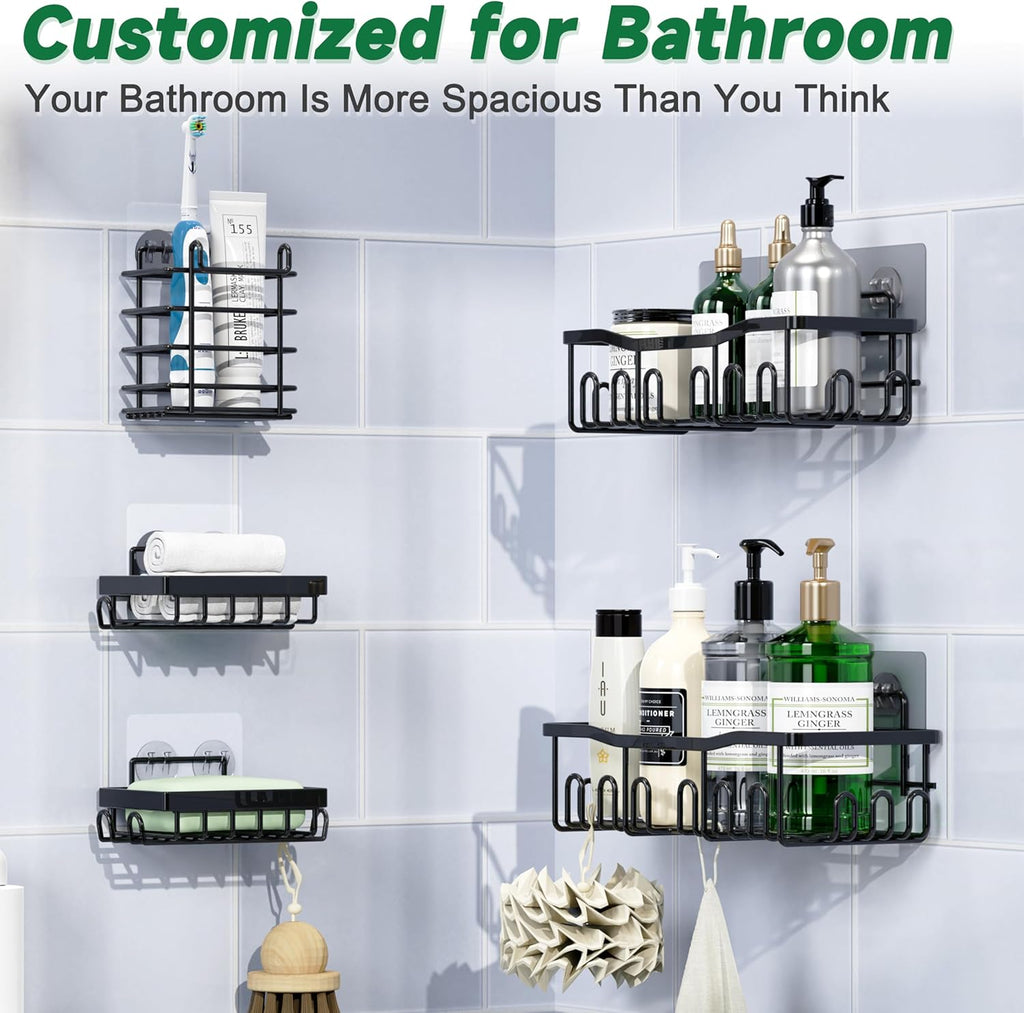 SC02 Shower Caddy 5 Pack | Rustproof Stainless Steel Bath Organizers - Large Capacity, No Drilling, Black