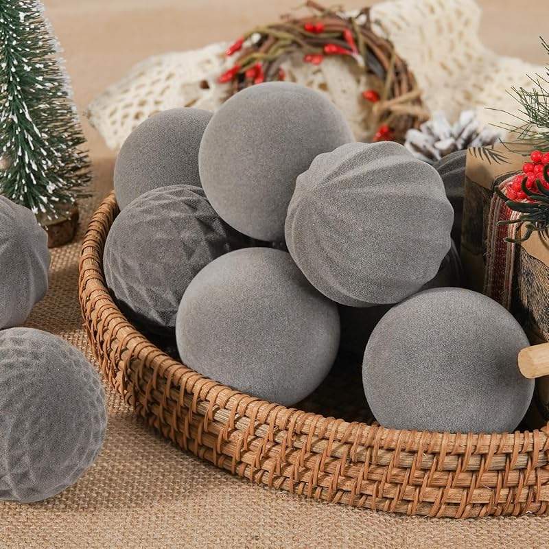 Artmag Grey 2.36 Inch 16 Pcs Velvet Flocked Christmas Balls Ornaments Set