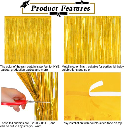 Gold Backdrop Curtains by Class of 2026 - 12 Pack Metallic Fringe Streamers | 3.28 FT x 7.05 FT Graduation Decorations