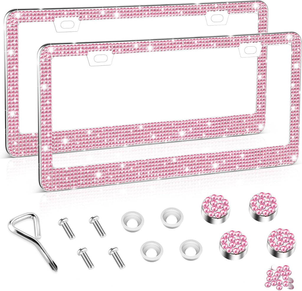 Amiss Bling License Plate Frame - Handcrafted Rhinestone Crystal Car Accessories | 2-Pack, Pink