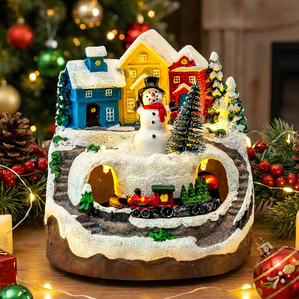 MXwcy Christmas Village House - Moving Train & Music, Lighted Snowman Figurine with 8 Holiday Songs, LED Lights