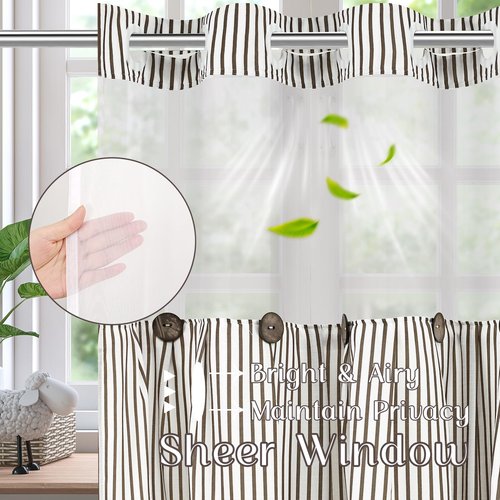 ASPMIZ Farmhouse Shower Curtain and Liner Set, No Hook Shower Curtain with Snap in Liner Fabric, Rustic Washable Waterproof Bathroom Curtains with Button, Mesh Top Window, Brown Striped, 71"x 74"