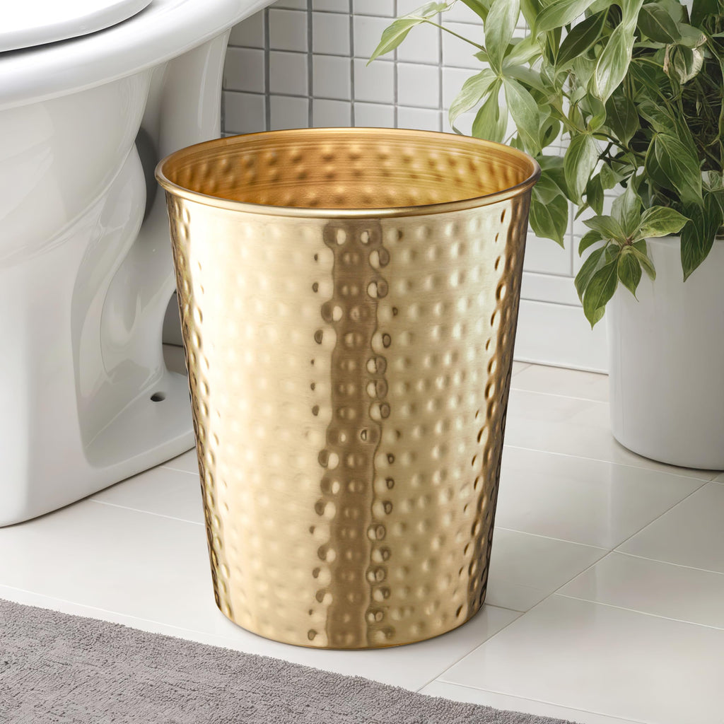 Monarch Abode Metal Bathroom Trash Can – Waste Basket for Bedroom, Office Desk, & Dorm, Hand Hammered, Durable Decorative Brushed Gold Small Trash Can Bathroom Garbage Bin Wastebasket