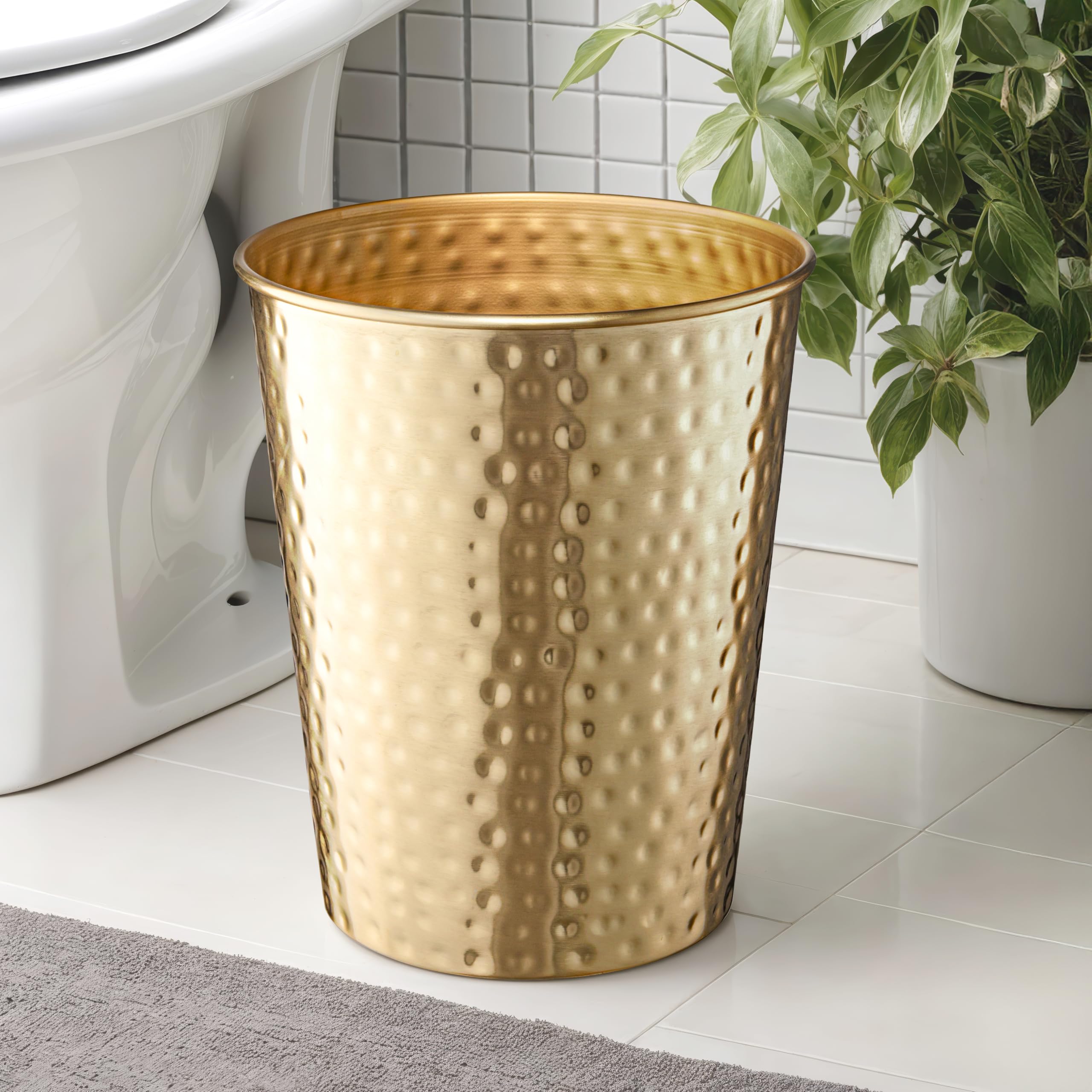 Monarch Abode Metal Bathroom Trash Can – Waste Basket for Bedroom, Office Desk, & Dorm, Hand Hammered, Durable Decorative Brushed Gold Small Trash Can Bathroom Garbage Bin Wastebasket