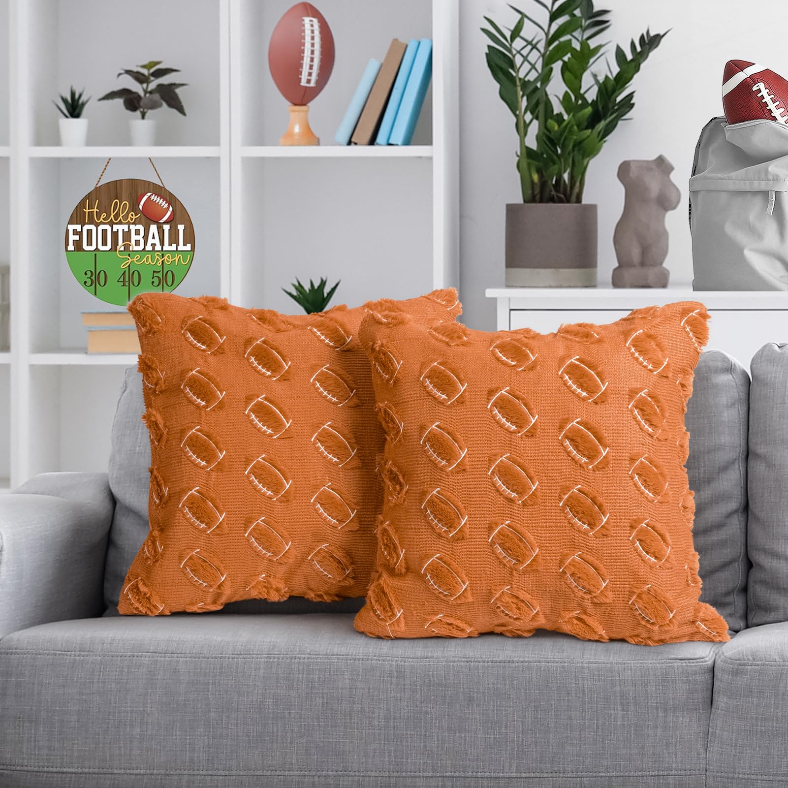 Emvency Football Throw Pillow Covers 18x18 Set of 2, Brown Sports Room Decor Cute Western Soft Plush Faux Fur Wool Aesthetic Decorative Pillow Case for Couch Bed Sofa Living Room