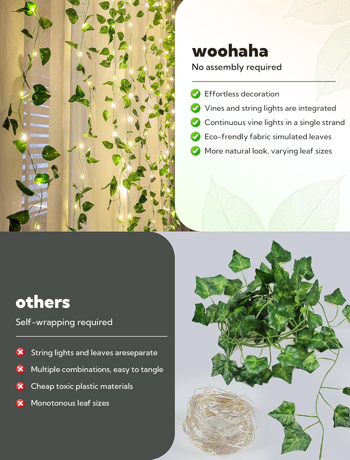 Woohaha Ivy String Lights - 23ft 73LED Battery Operated Fairy Lights for Bedroom, Garden & Party Decor | Warm White