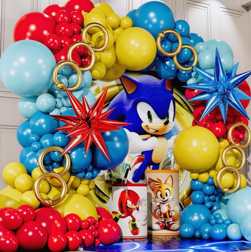 ALL-IN-1 Hedgehog Balloon Arch Kit with BONUS Rings & Starburst Balloons - Red Blue Yellow Balloons Garland for Cartoon Hedgehog Birthday Party Decorations & Party Supplies - Somic Party Decorations S