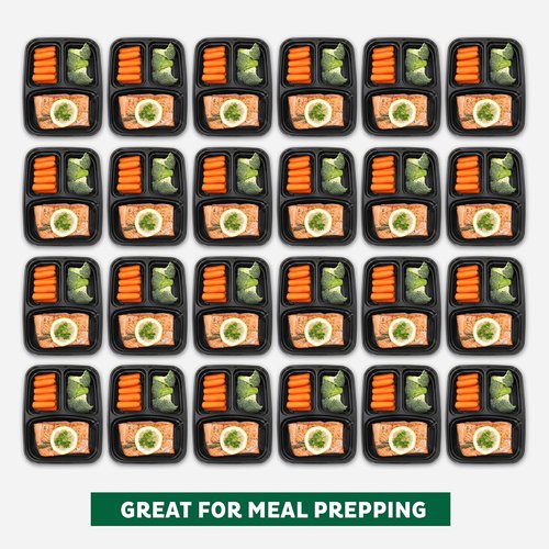 Freshware Meal Prep Containers - 3 Compartment Bento Box | 150 Pack, BPA Free, Stackable & Microwave Safe (24 oz)
