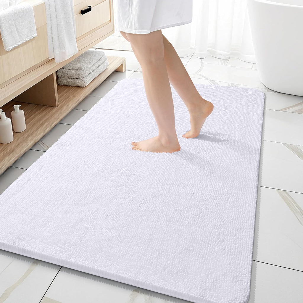 OLANLY Bathroom Rugs - Extra Soft Chenille Bath Mats with Rubber Backing | 59x35, Quick Dry, Machine Washable, White