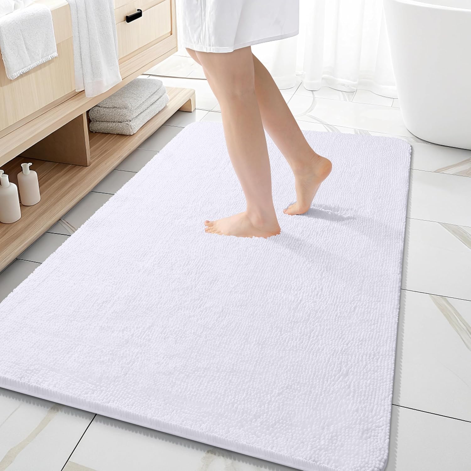 OLANLY Bathroom Rugs - Extra Soft Chenille Bath Mats with Rubber Backing | 59x35, Quick Dry, Machine Washable, White