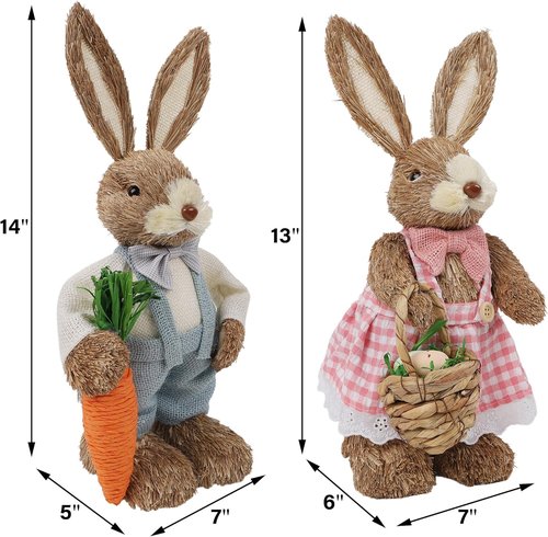 DR.DUDU Easter Decorations - Set of 2 14" Sisal Bunny Figurines with Carrot & Egg for Spring Home Decor