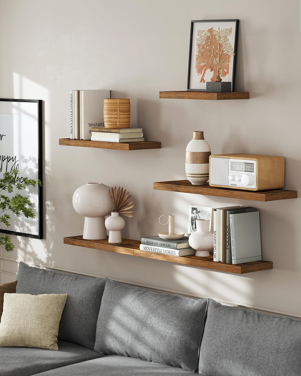 VASAGLE Wall Shelves Set of 2, Floating Shelves, Wall Mounted, 8 x 15.7 x 1.5 Inches, Display Shelves for Picture Frames, Wall Decor, Hanging Shelf for Living Room, Kitchen, Rustic Brown ULWS054B01