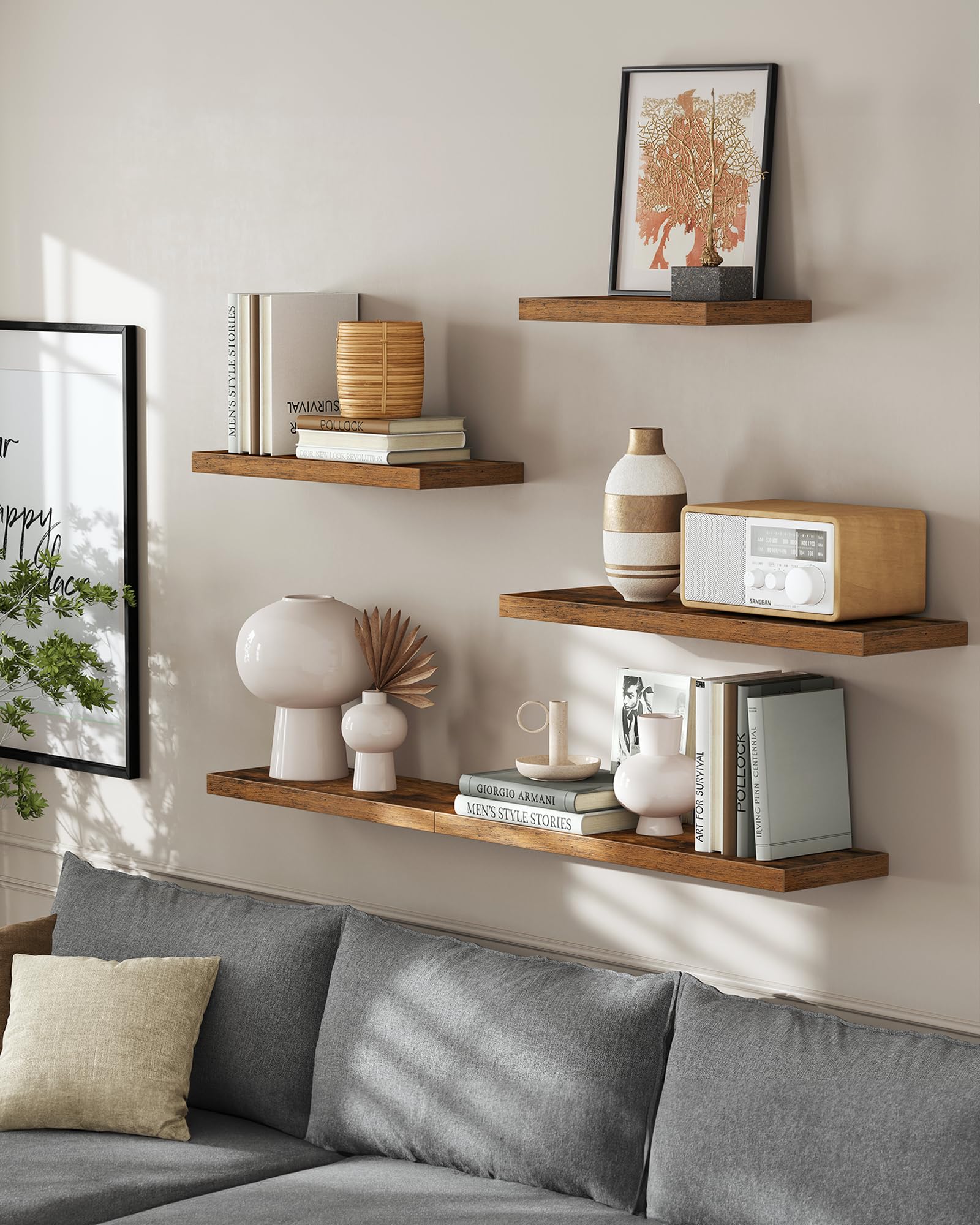 VASAGLE Wall Shelves Set of 2, Floating Shelves, Wall Mounted, 8 x 15.7 x 1.5 Inches, Display Shelves for Picture Frames, Wall Decor, Hanging Shelf for Living Room, Kitchen, Rustic Brown ULWS054B01