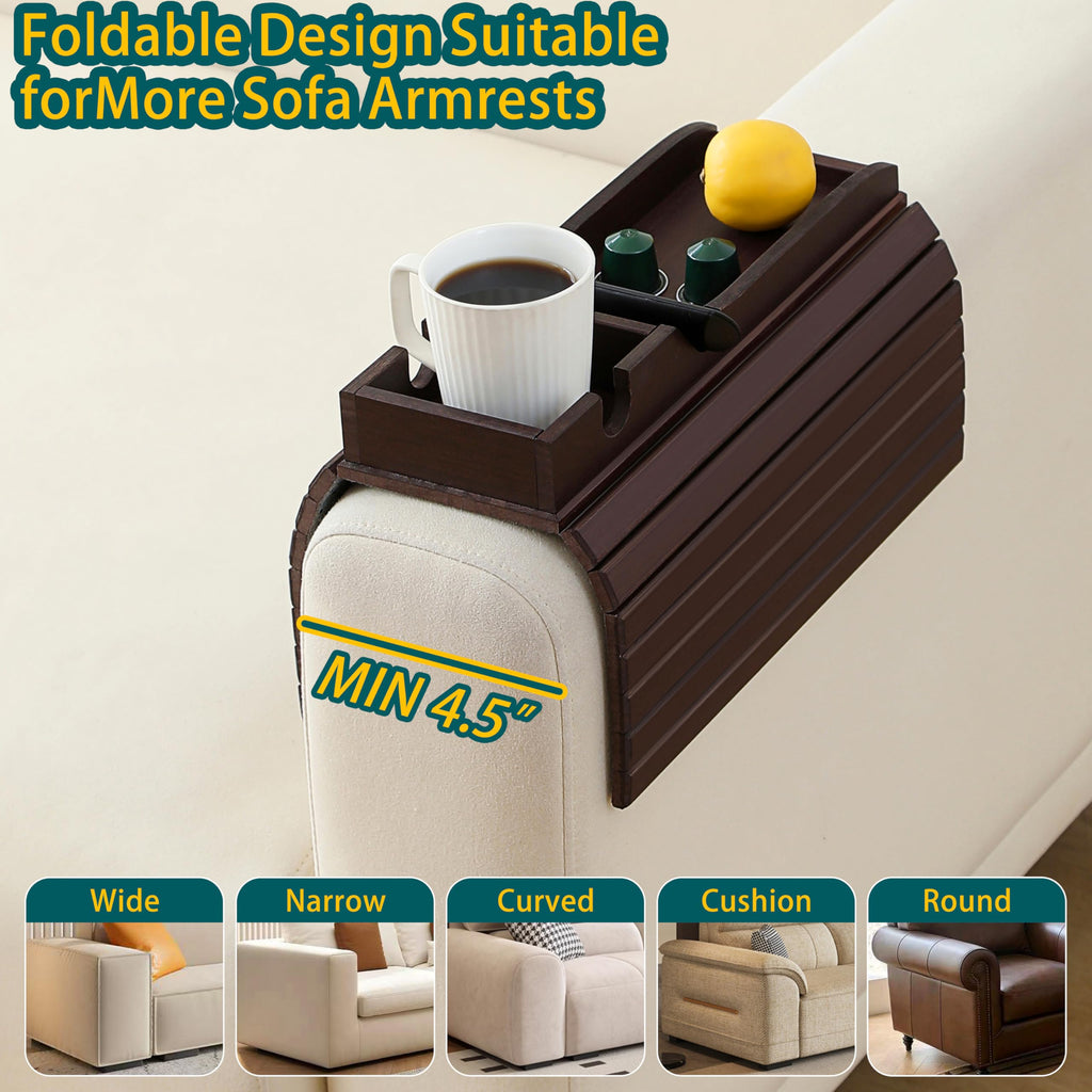 HNLISA Bamboo Couch Cup Holder Arm Tray Table，Foldable Couch Drink Holder Armrest Table，Sofa Arm Rest Tray，Flexible Arm Chair Table Recliners for Drink,Cups, Snacks, Phone, Remote (Mahogany)