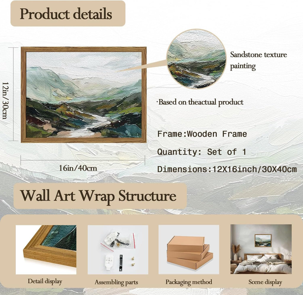 Skiennix 3D Textured Mountain Wall Art - Abstract Green Landscape Decor | Hand-Drawn Sandstone 12x16 Inch