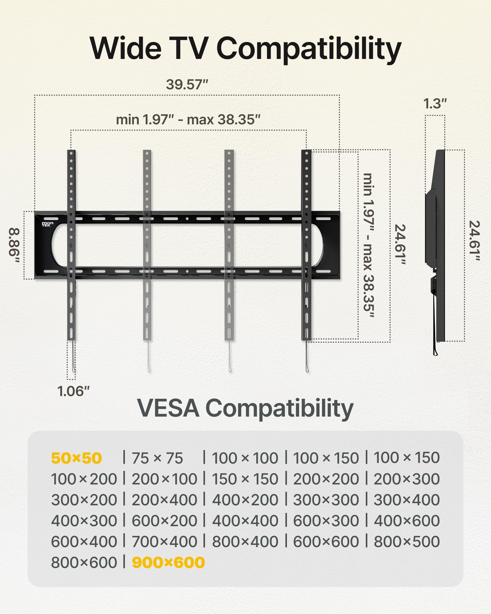monTEK Heavy Duty Fixed TV Wall Mount Bracket for 60–120" Flat & Curved TVs up to 300lbs, 4× Load Tested, Ultra Slim 1.3" Low Profile, Max VESA 900x600, Quick-Release Lock, Fits 16"/18"/24" Wood Studs