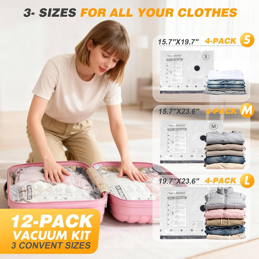 Travel Vacuum Storage Bags - Space-Saving Compression Bags with Electric Pump | Pack of 12