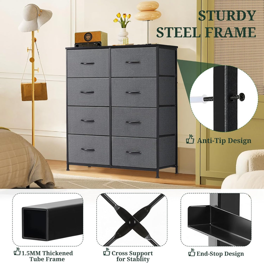 Skiennix 8-Drawer Dresser - Anti-Tip Tall Storage Organizer with Wooden Top & Metal Frame - Gray