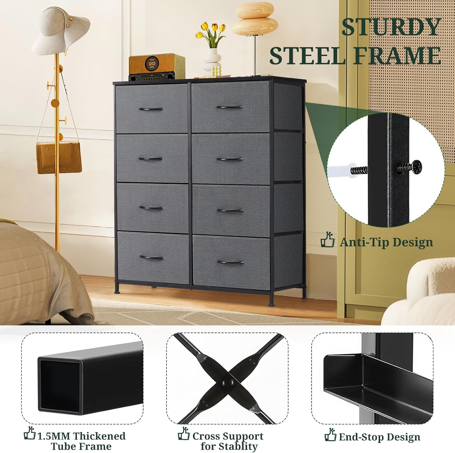 Skiennix 8-Drawer Dresser - Anti-Tip Tall Storage Organizer with Wooden Top & Metal Frame - Gray