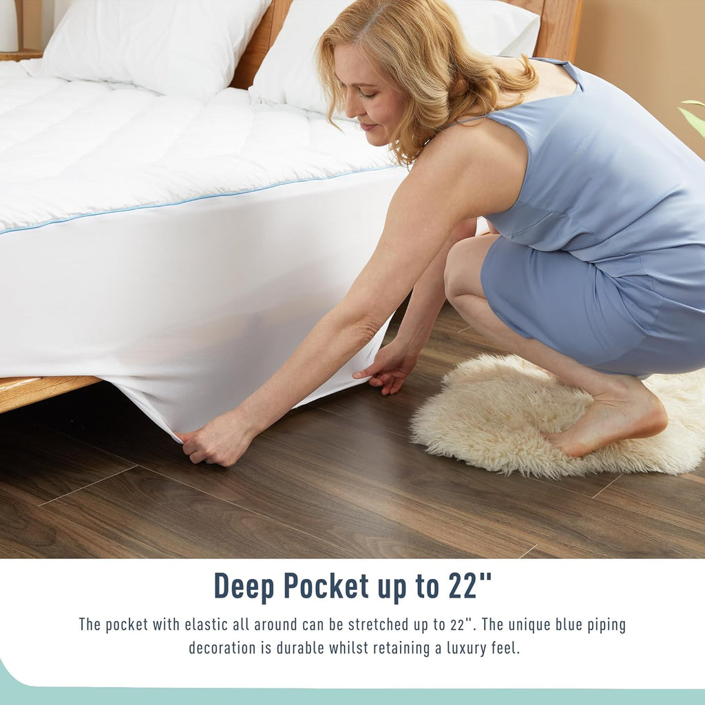 Skiennix Queen Mattress Pad - Quilted Cotton Cover with 18-22" Deep Pockets | Noiseless & Breathable Design