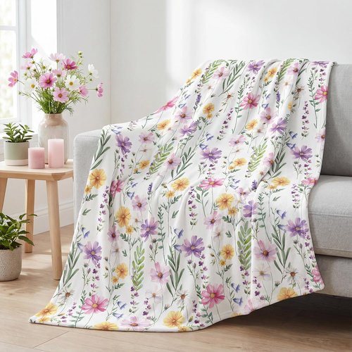 Horaldaily Spring Summer Flannel Blanket Throw, Watercolor Wildflowers Fleece Soft Fuzzy Plush Cozy Fleece Blankets for Couch Sofa Bed Lounging, Ideal Gifts for Kids Adults Self, 50x60