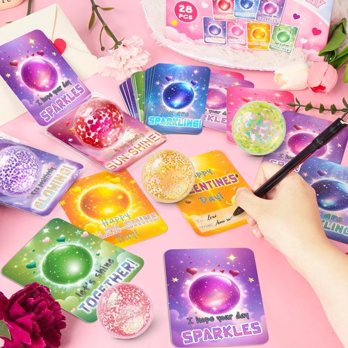 Valentine Gifts for Kids, 28 Pack Valentines Day Cards with Glitter Stress Balls, Squeeze Fidget Toys Bulk for Classroom School Valentine's Gifts Exchange, Valentine Party Favors for Boys Girls