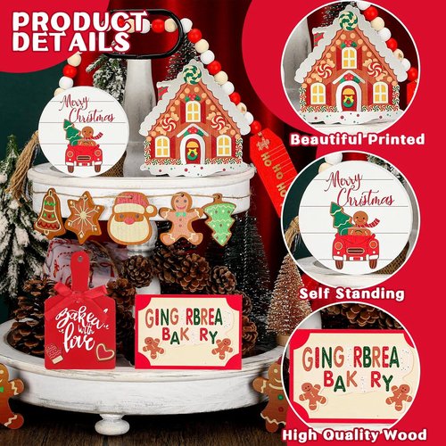 Bucherry Christmas Gingerbread Tiered Tray Decor - 12-Piece Wooden 3D Signs for Rustic Home Centerpiece