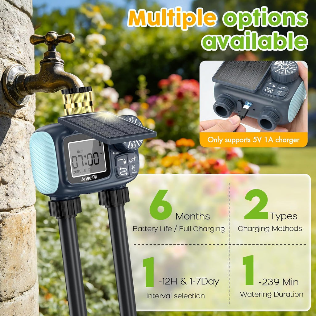 Skiennix Solar Sprinkler Timer - Programmable Brass Inlet Hose Timer for Efficient Garden Watering | 2 Outlets