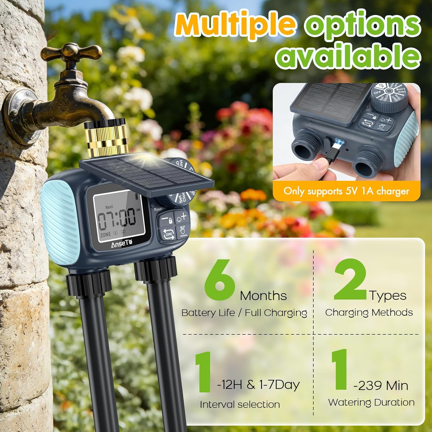 Skiennix Solar Sprinkler Timer - Programmable Brass Inlet Hose Timer for Efficient Garden Watering | 2 Outlets