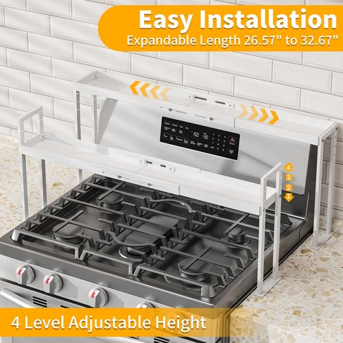 ZDDLOINP Stove Top Shelf for Curved Stove, Expand 27 to 33 Inch Spice Rack, 4 Level Adjustable Height Spice Shelf, Over the Stove Shelf for Back of Stove Spice Rack Organizer for Countertop, White