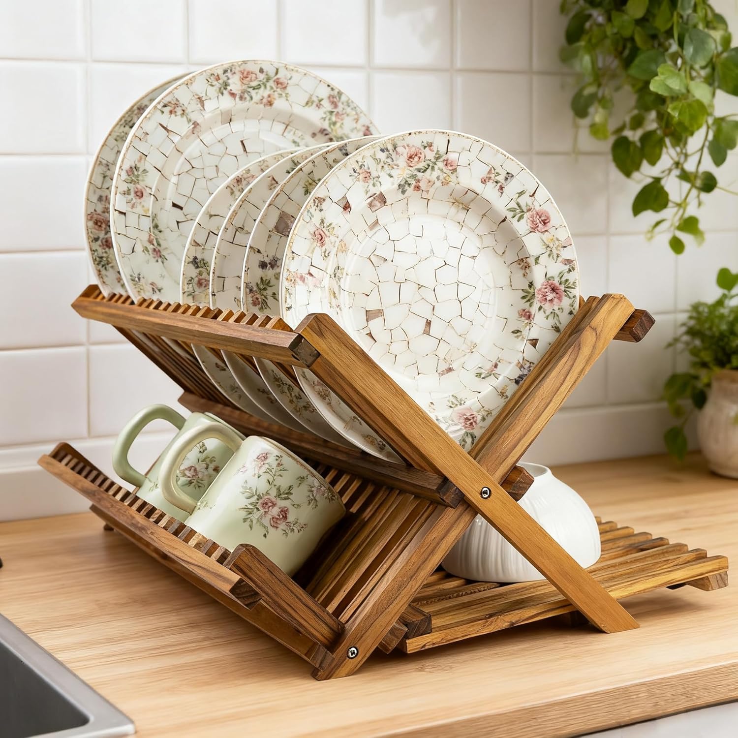 Utoplike Large Teak Dish Drying Rack - 3-Tier Collapsible Wooden Kitchen Organizer for Plates & Cups