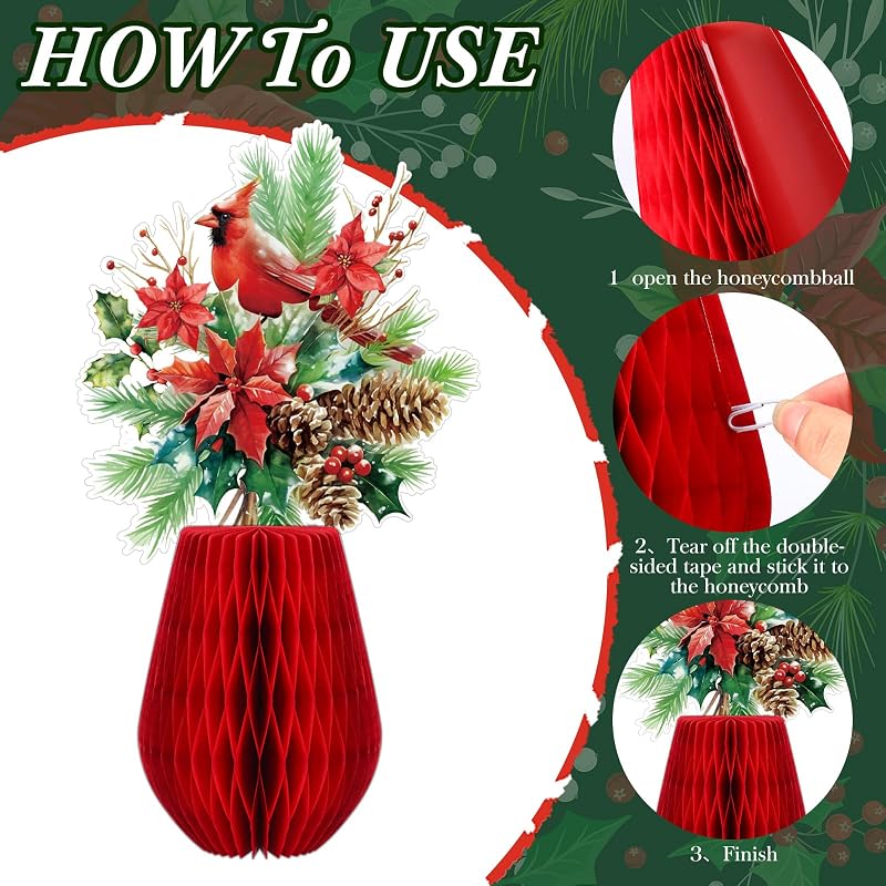 9 Pcs Christmas Poinsettia Honeycomb Centerpieces - Red Holiday Flowers, Variation of THIS listing