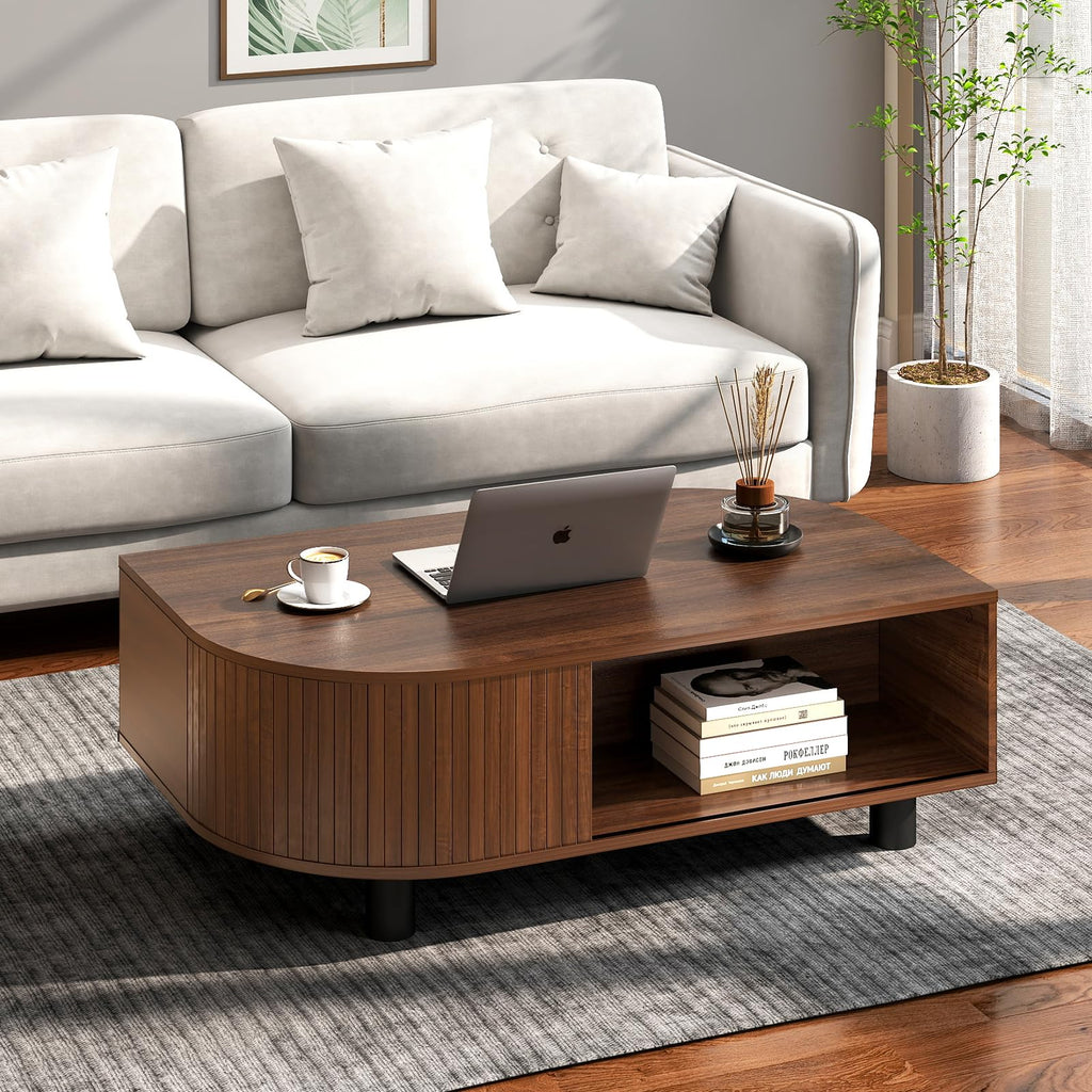 sunmiler Mid-Century Modern 39.4" Coffee Table - Leaf-Shaped Wood Center Table with Storage, Retro Fluted Central Table with Sliding Door for Living Room, Office, Walnut