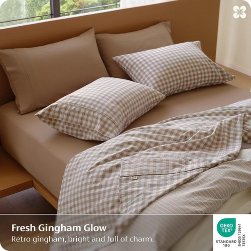Bedsure 100% Washed Cotton Percale Sheets - Soft Gingham Queen Size Set with 18" Deep Pocket (Brown)