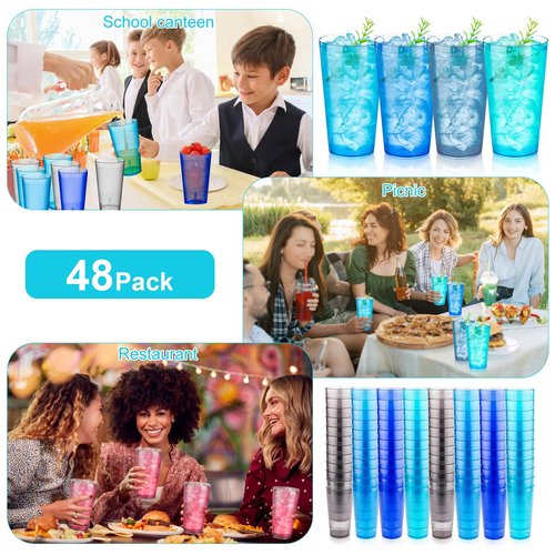 Norme 48 Pcs Plastic Restaurant Tumblers Plastic Reusable Cups Stackable Drinking Glass Dishwasher Safe Tumblers in 4 Coastal Colors for Kitchen Water(20oz)